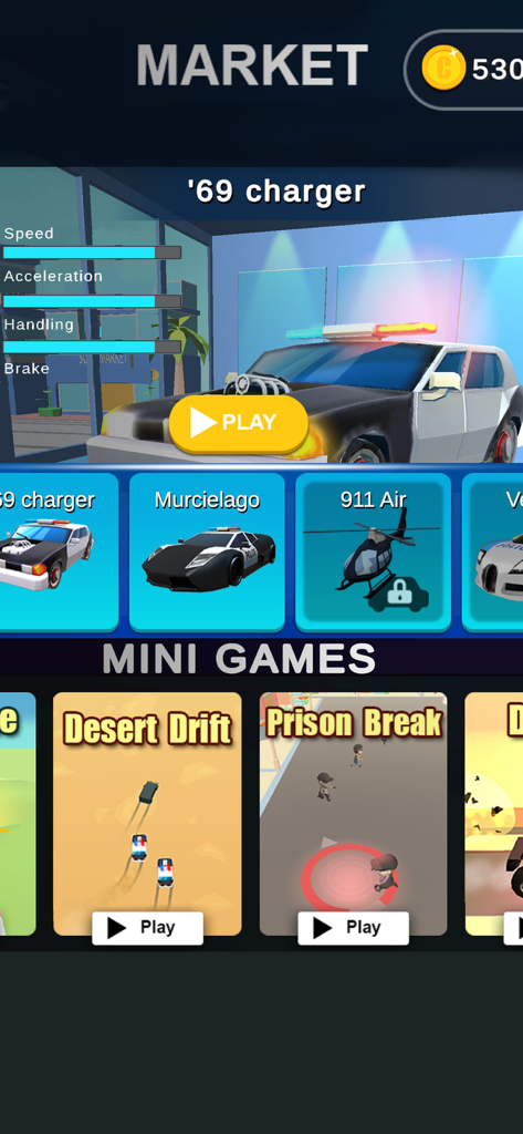 Interfaz del juego Police vs Thief 3D que muestra el mercado de selección de coches y minijuegos