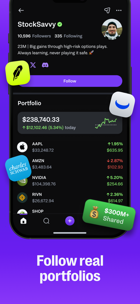 AfterHour: Social Copy Trading - 검증된 트레이더 프로필과 실시간 주식 포트폴리오를 보여주는 AfterHour 앱 스크린샷