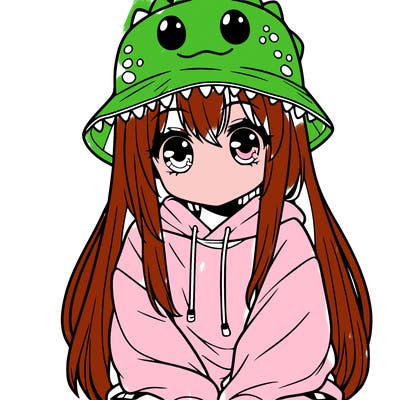 girl with anime shaped eyes with a dinosaur bucket hat oversized sweatshirt long straight hair