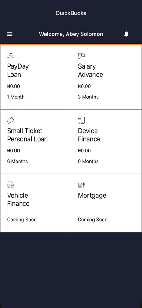Panel de la aplicación QuickBucks que muestra varias opciones de préstamo como Préstamo de Día de Pago y Anticipo de Salario