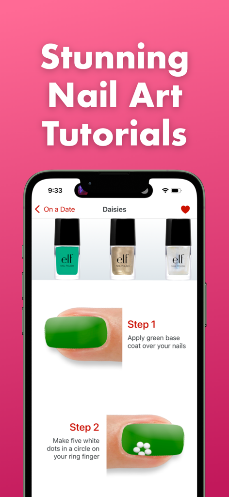 Nail Designs - Manicures & Art - Screenshot of a daisy nail art tutorial showing step by step instructions for a green base and floral design