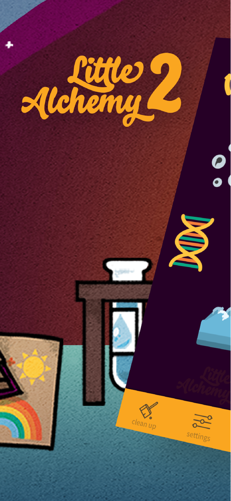 Interfaz del juego móvil Little Alchemy 2 con arte minimalista y elementos de laboratorio