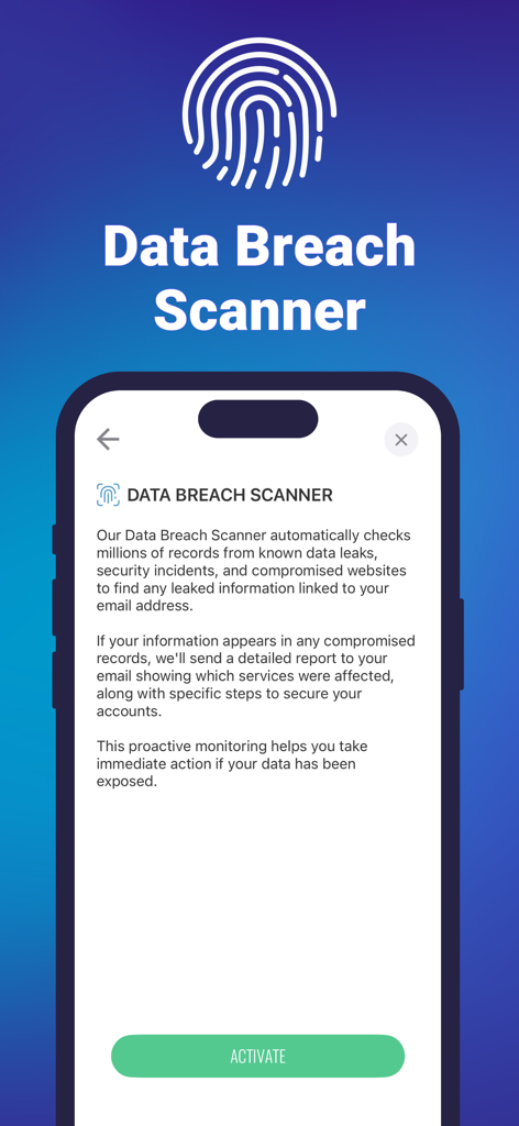 Le VPN: Fast & Secure - Le VPN mobile app screen showing the Data Breach Scanner feature description and activation button