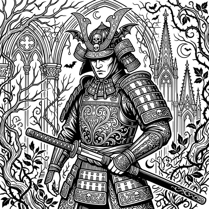 Step into a world where ancient Japan meets dark romanticism with this unique coloring page featuring an Edo Period Samurai infused with Gothic elegance. Discover intricate armor details, mysterious architectural elements, and fierce samurai spirit waiting for your personal touch.