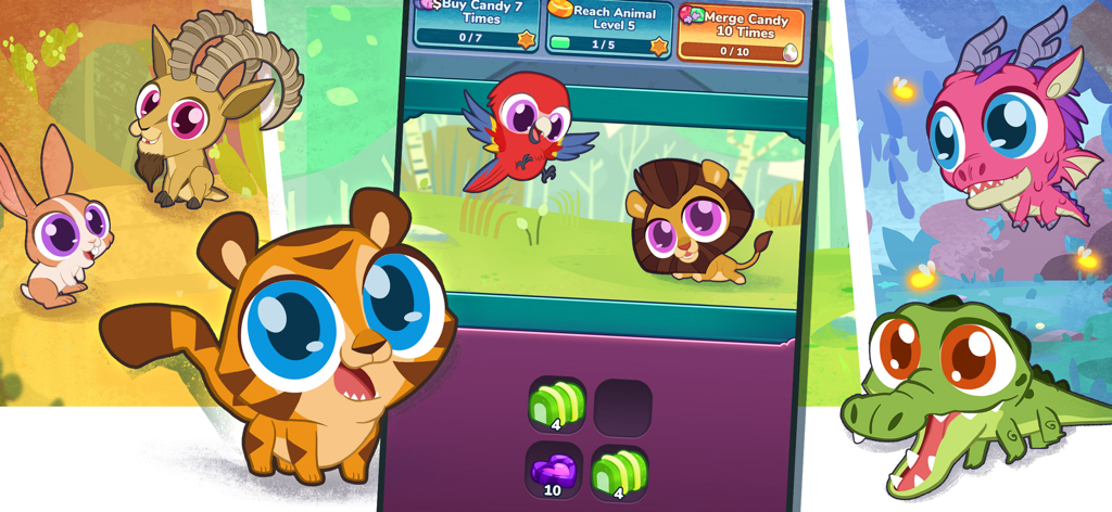 Merge Zoo - Cartoon tiger, dragon, and crocodile characters surrounding a mobile phone screen displaying Merge Zoo candy matching gameplay.