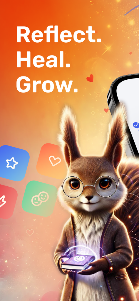 Thera AI Mental Health Journal - Wise squirrel character holding a glowing journal with the text Reflect Heal Grow for Thera AI Mental Health app