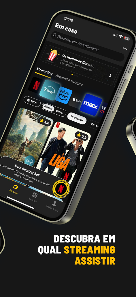 AdoroCinema - Mobile screen of AdoroCinema app showing movie recommendations and streaming service filters like Netflix and Disney Plus