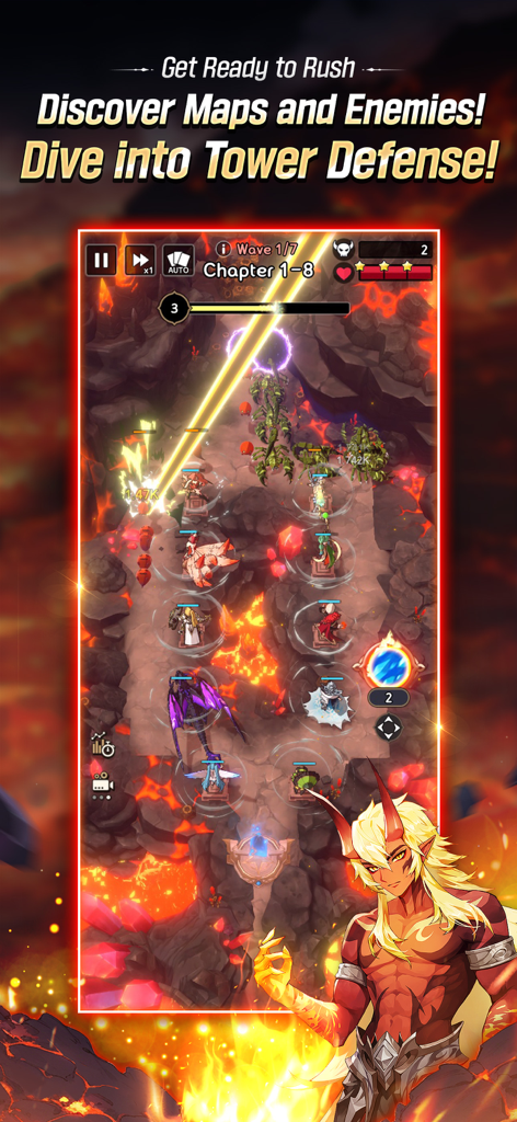 Summoners War: Rush - In-game screenshot of Summoners War Rush showing tower defense gameplay with monsters on a lava map and an anime-style character.