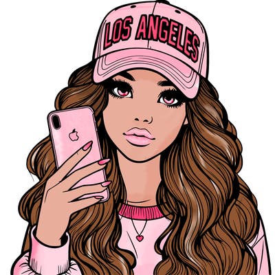 realistic beautiful girl wearing los ángeles cap holding an iphone