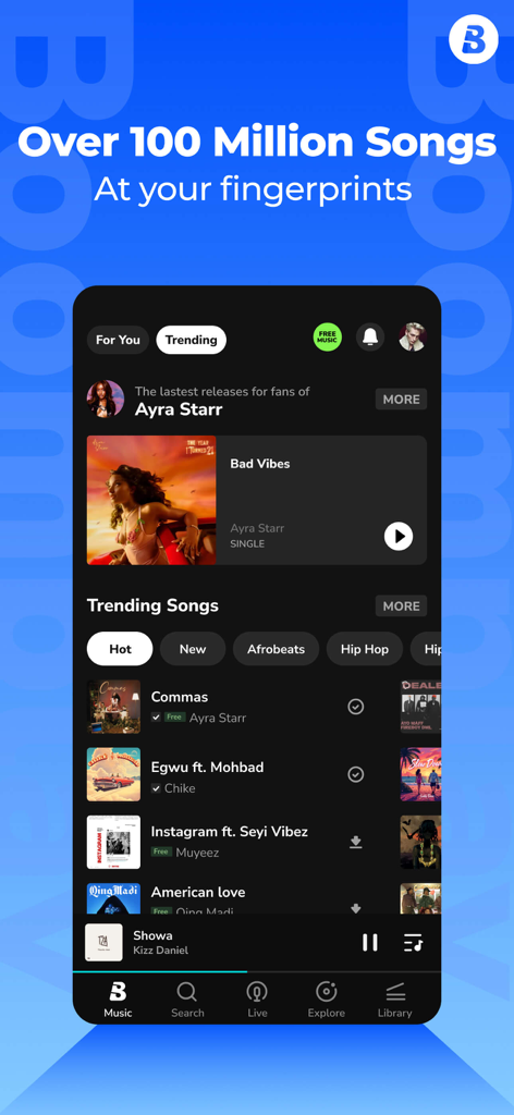 Screenshot of the Boomplay app interface featuring trending music and over 100 million songs.