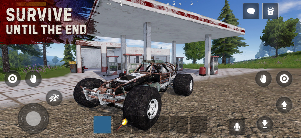 A custom buggy vehicle parked at an abandoned gas station in the open world survival game Oxide