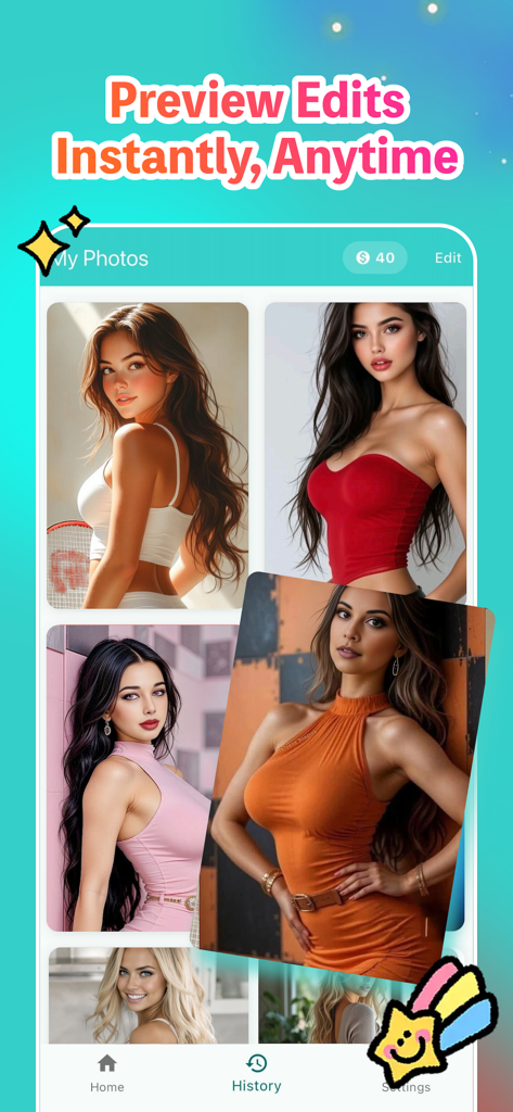 Picai - Photo - Picai Photoアプリの履歴画面。AIで編集された背景を持つポートレート画像のコレクションを表示しています。