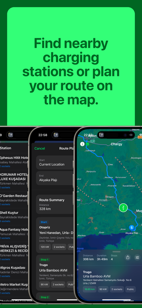 Chargy: EV Charging Stations - Chargy app interface showing EV charging station finder and trip route planning on a map