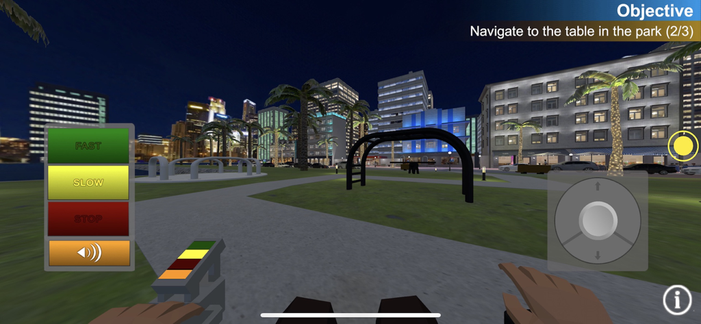 Wheelchair Mobility Experience - First person view of a wheelchair simulation navigating a park at night with city buildings in the background