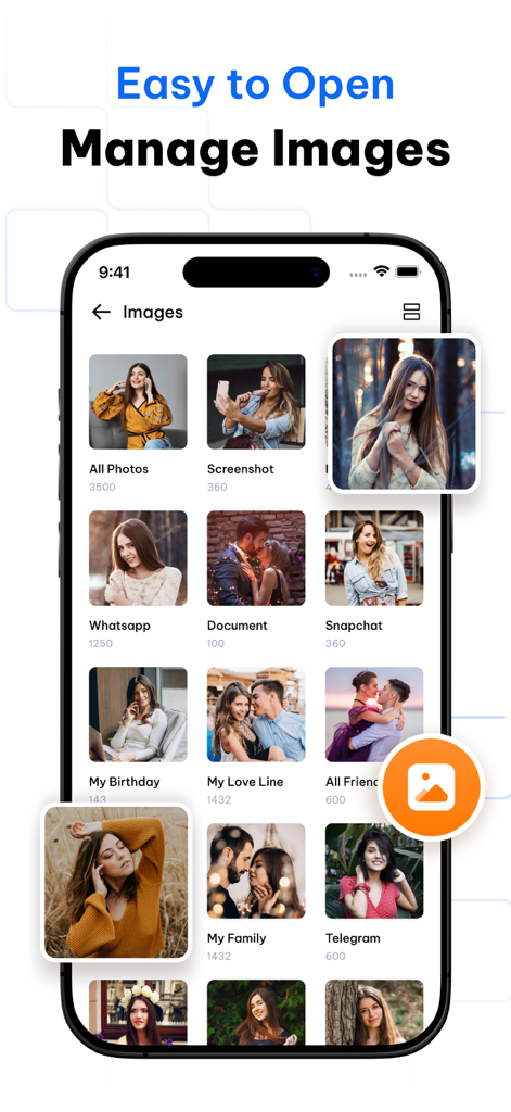 File Manager: Vault & Explorer - A mobile app interface showing a gallery of photo albums organized into categories like WhatsApp screenshots and documents.