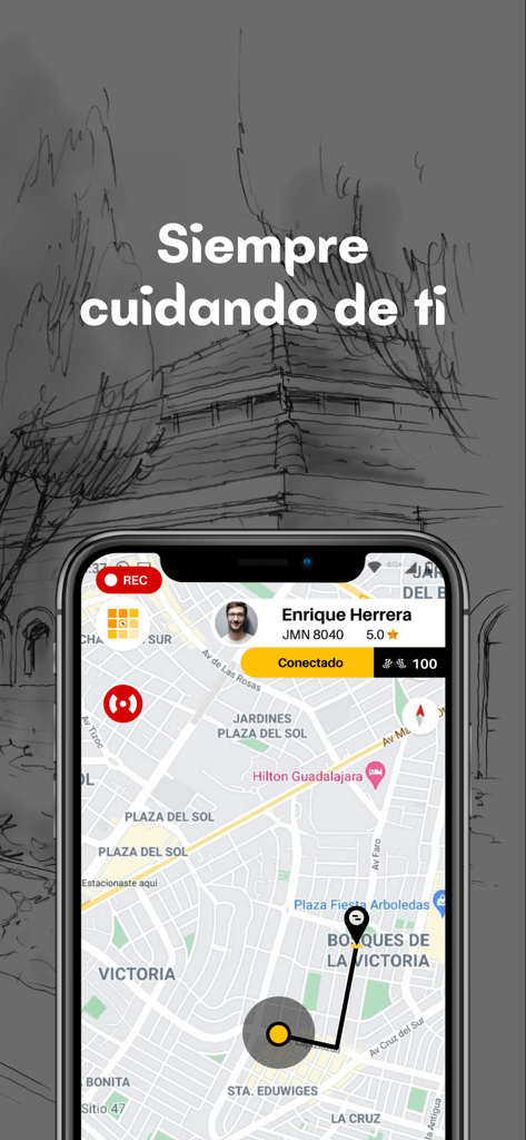 Eiby Taxista - Interfaz de la app Eiby Taxista mostrando el perfil del conductor y el mapa de navegación en tiempo real con estado de conexión.