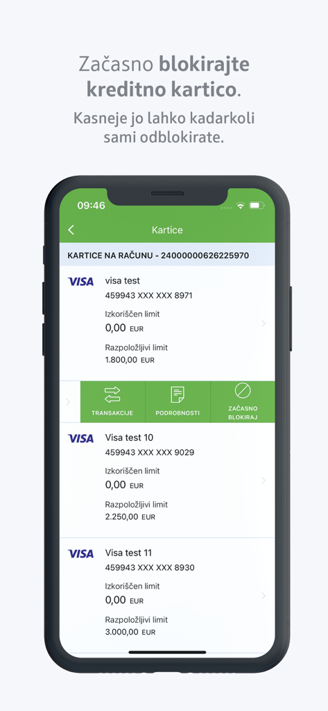mBank@Net com - Mobile interface of mBank@Net com showing a list of business Visa cards and security options like temporary blocking.