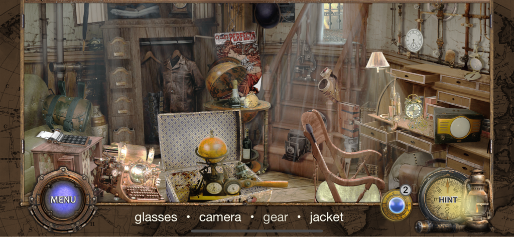 Around The World in 80 Days* - A hidden object game screen from Around The World in 80 Days showing a cluttered vintage room with a list of items to find