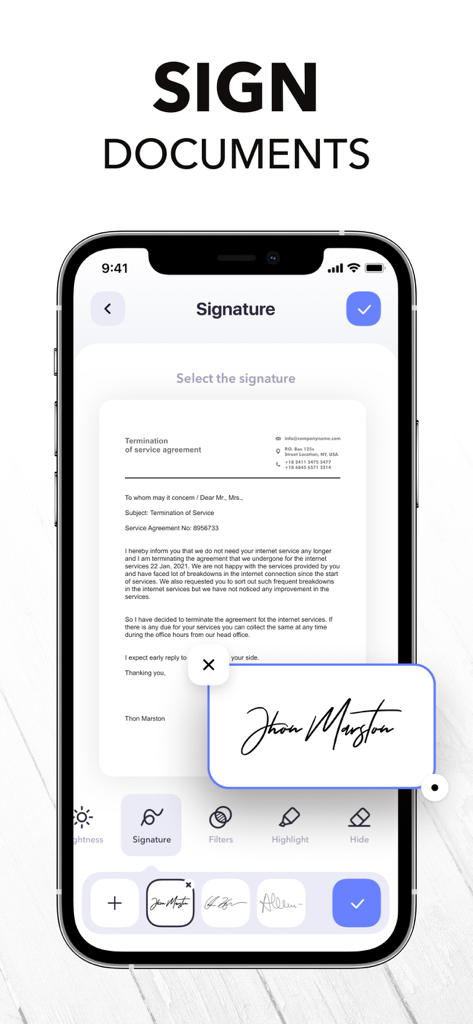 PDF Scanner App: Scanner+ Docs - Interfaz de la aplicación PDF Scanner mostrando la función de firma digital en un teléfono móvil