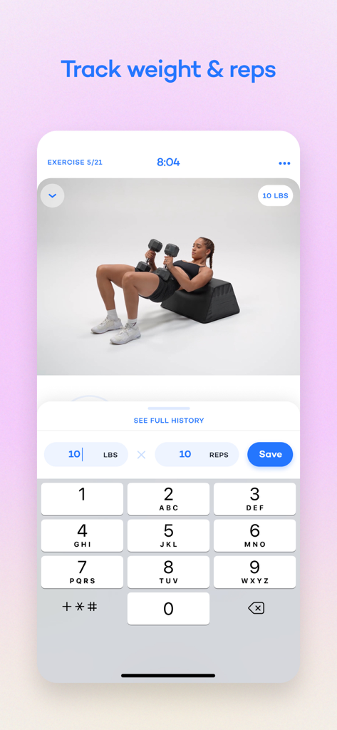 Smartphone screen from the Alive app showing weight and rep tracking for a dumbbell workout
