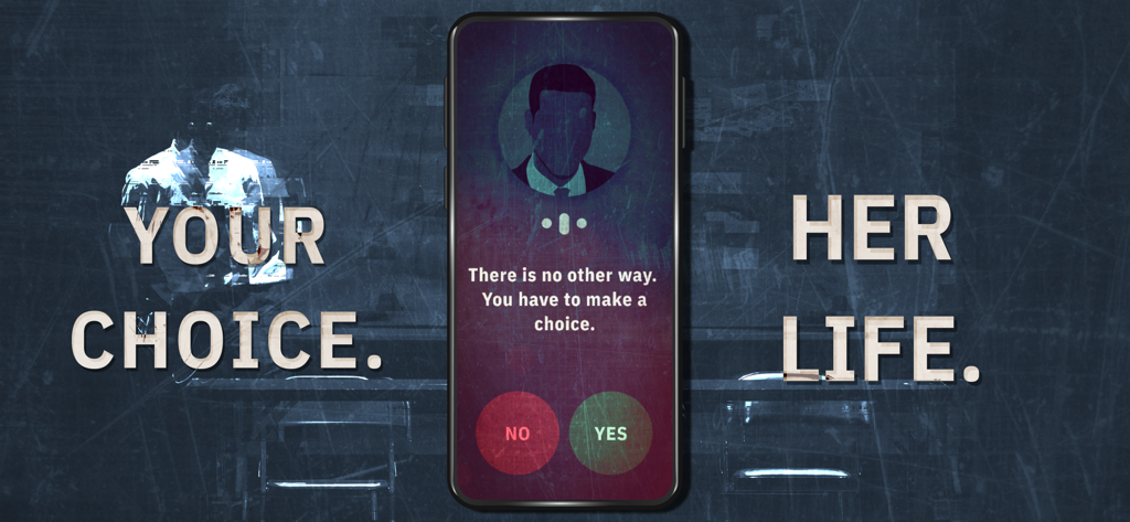 A high stakes choice in An Elmwood Trail showing a phone screen with Yes and No options and the text Your Choice Her Life.