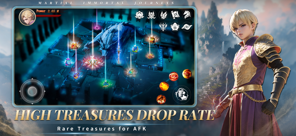 Martial lmmortal Journeys - Gameplay screen of Martial Immortal Journeys highlighting high treasure drop rates and AFK rewards with a character in purple and gold armor.