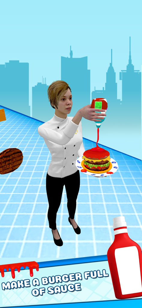Burger Please Run Stack Game - A chef character applying red sauce to a tall burger stack in a mobile runner game