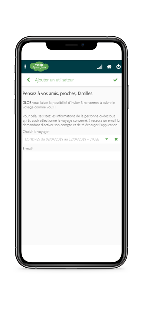 GLOB - A screenshot showing the interface of the GLOB app to add a user and invite them to follow a travel itinerary.