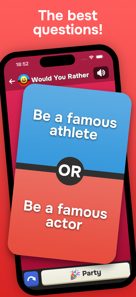 Interfaz de la aplicación ¿Prefieres? mostrando la elección entre ser un atleta famoso o un actor