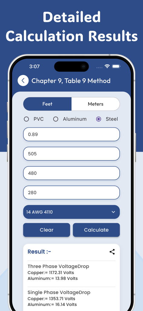 Voltage Drop Calculators - A mobile interface for an electrical voltage drop calculator showing detailed results for copper and aluminum conductors.