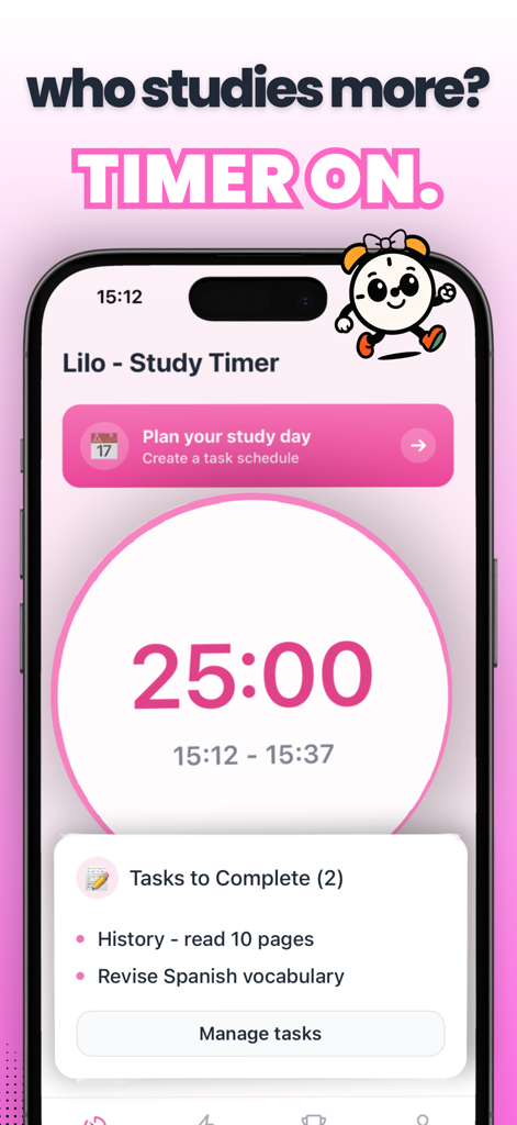 A 25-minute study timer on the Lilo app with a task list including history reading and Spanish vocabulary revision.