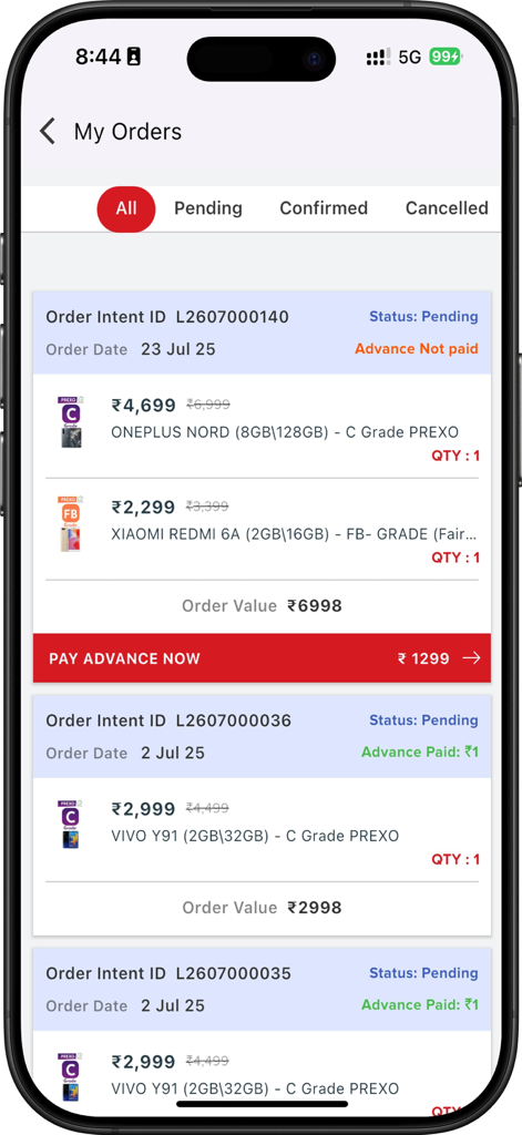 DD App B2R - The My Orders page of the DD App B2R showing a list of pending wholesale mobile phone orders with prices and status