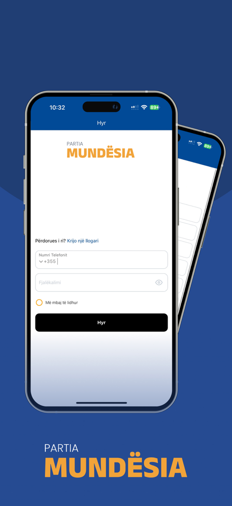 Mundësia - Login screen of the Partia Mundesia app featuring phone number and password input fields