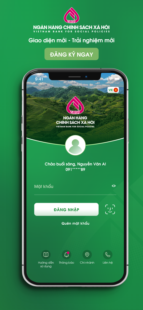 Tela de login do aplicativo VBSP SmartBanking com um fundo cênico de campos de arroz em terraços no Vietnã