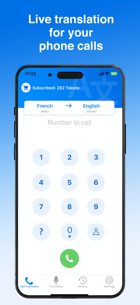 Babel Phone Call Translator dialer screen showing French to English translation settings and a numeric keypad