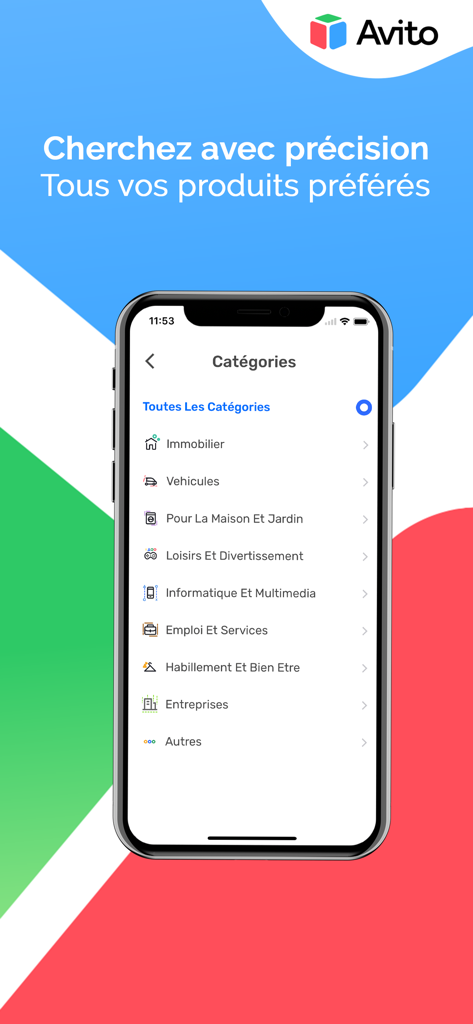 Pantalla de la aplicación móvil Avito ma mostrando categorías de anuncios clasificados para bienes raíces y vehículos