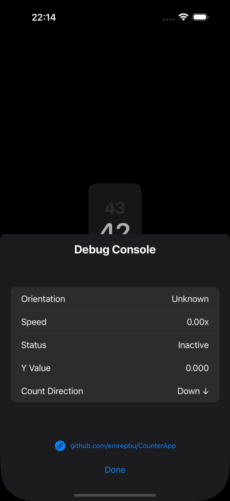 TiltCount - La consola de depuración de la aplicación TiltCount mostrando datos de sensores de movimiento en tiempo real y estado de conteo