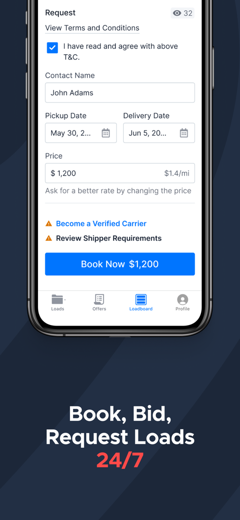 Mobile app interface for booking and requesting vehicle transport loads on the Super Loadboard.