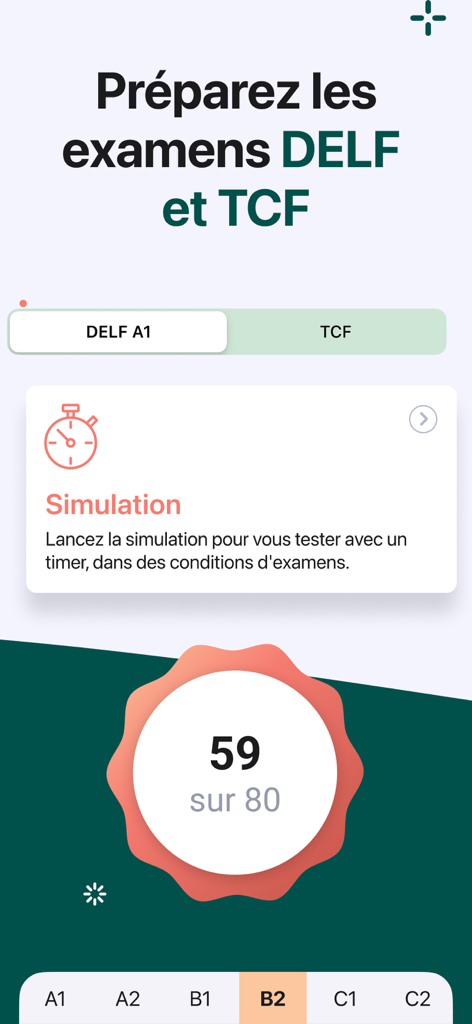 CCFS : apprendre le français - CCFS app screen for DELF and TCF exam preparation featuring a practice test simulation and score.