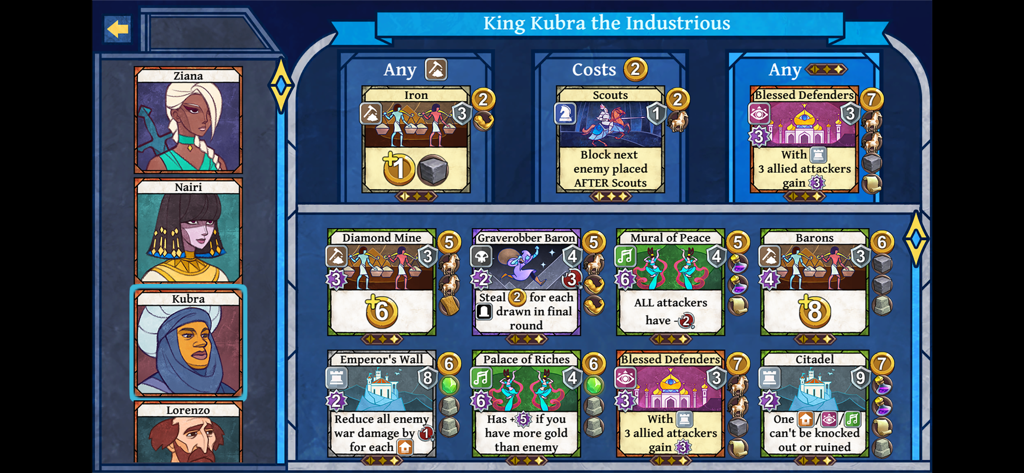 Tela do jogo de cartas Age of Rivals exibindo várias cartas de construção de civilização e retratos de personagens.