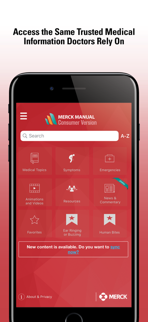 Merck Manual Consumer - Home screen of the Merck Manual Consumer app showing a search bar and various medical resource icons
