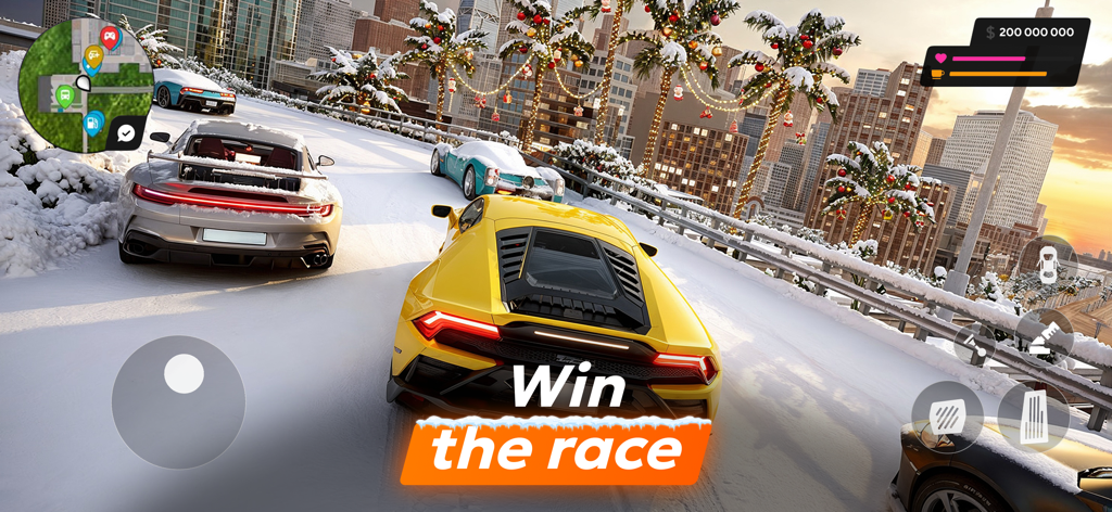 Vibe City — online RP - A yellow sports car leads a race on a snowy city road in Vibe City online RP