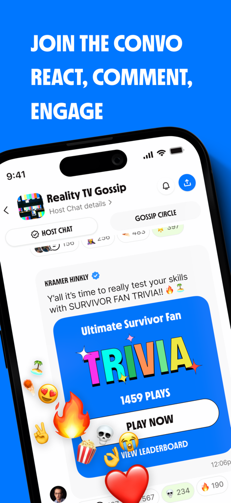 ChatBCC app screen displaying a reality TV fan trivia challenge with various emoji reactions.