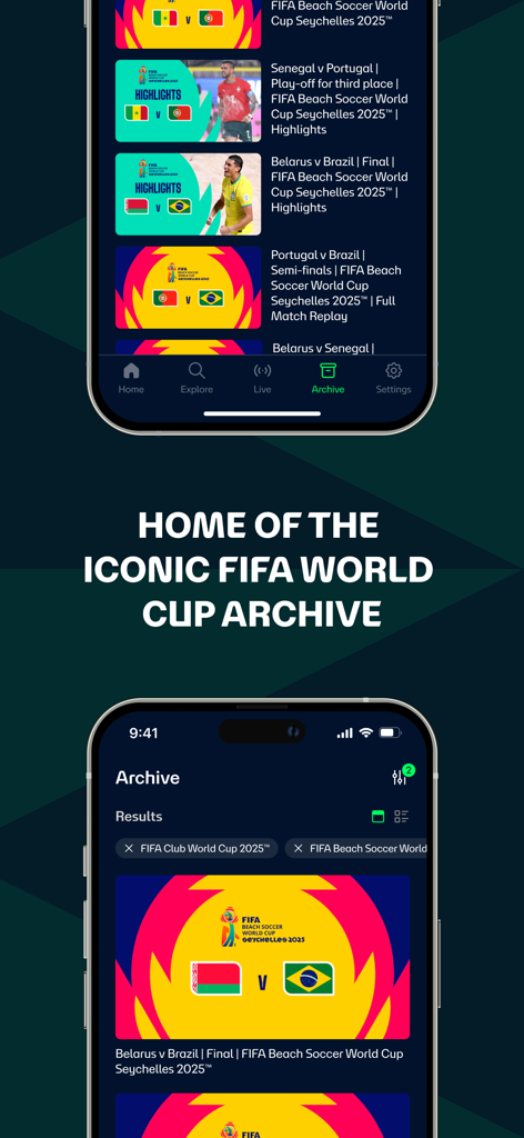 Smartphone screens displaying the FIFA plus app archive with match highlights and replays