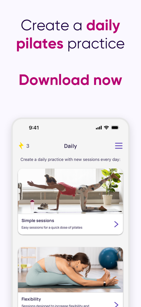 5 Minute Pilates Workout - Interfaz de la aplicación 5 Minute Pilates Workout que muestra sesiones de ejercicio diarias
