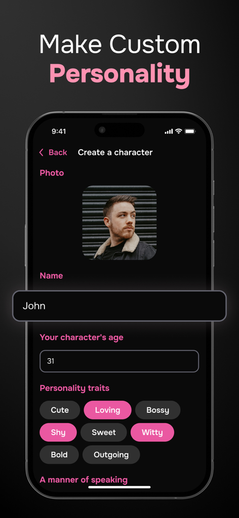 Interface of the FriendX app showing the character creation screen with options for name age and personality traits like loving shy and witty
