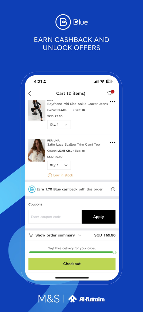 M&S ASIA – Fashion & Food - The M&S Asia app shopping cart interface showing apparel items, price in SGD, and Blue Rewards cashback