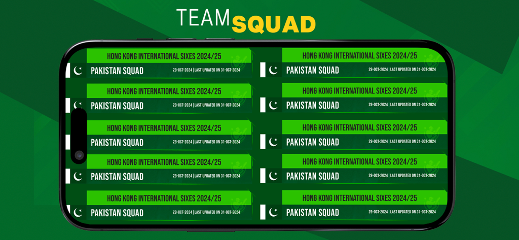 PTV Live Sports Cricket TV - PTV Live Sports app displaying the Pakistan cricket team squad for the Hong Kong International Sixes.