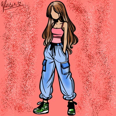 girl in baggy pants crop top and long hair
