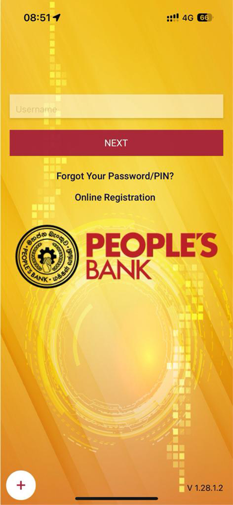 People’s Wave - Login screen of the People’s Wave mobile banking app featuring the People’s Bank logo and username input field
